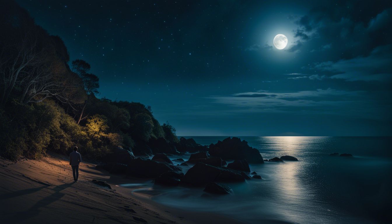 Serene night sky with full moon and twinkling stars over the sea.