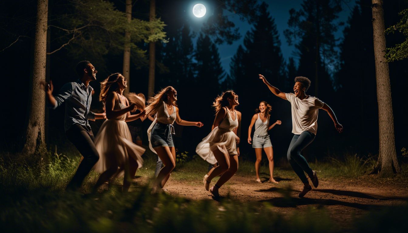 Friends dancing and laughing under a full moon in a forest clearing.