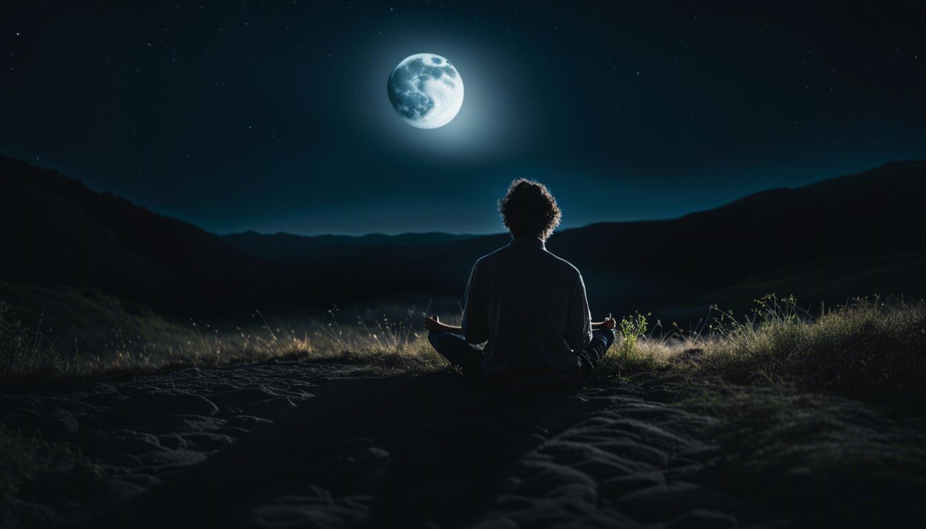 Person meditating under a full moon in a bustling nighttime landscape.