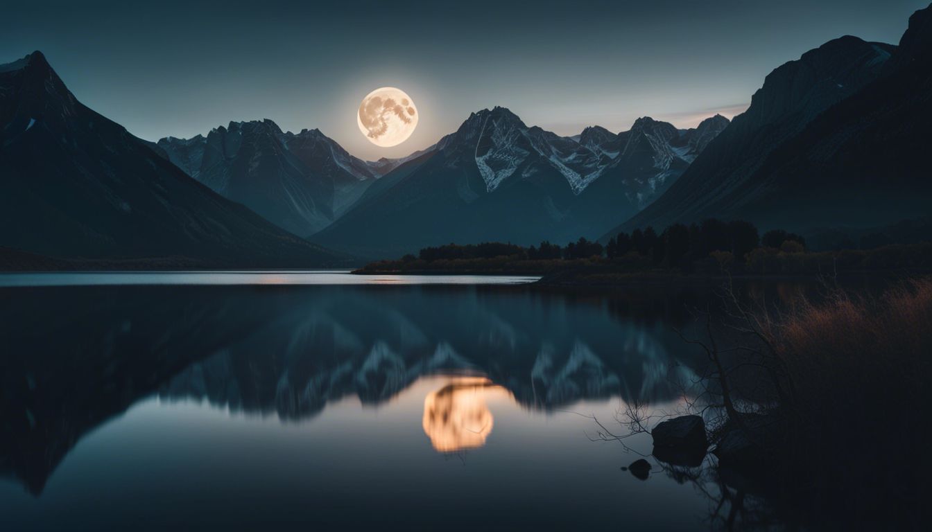 A stunning landscape with a full moon rising over mountains and a lake.