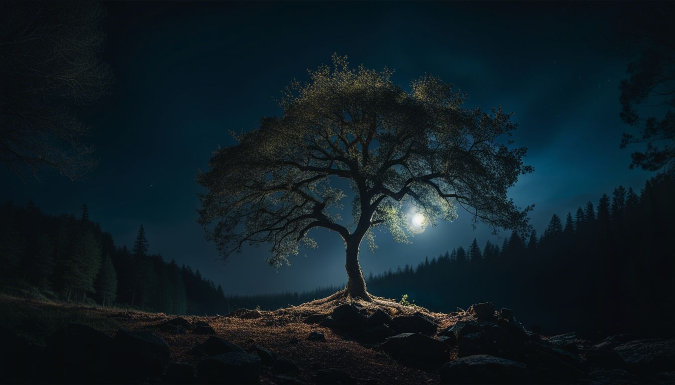 A solitary tree in a moonlit forest, surrounded by stillness.