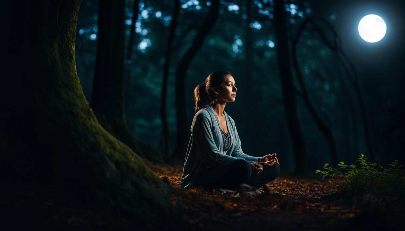 A woman meditating under the full moon in a serene forest.