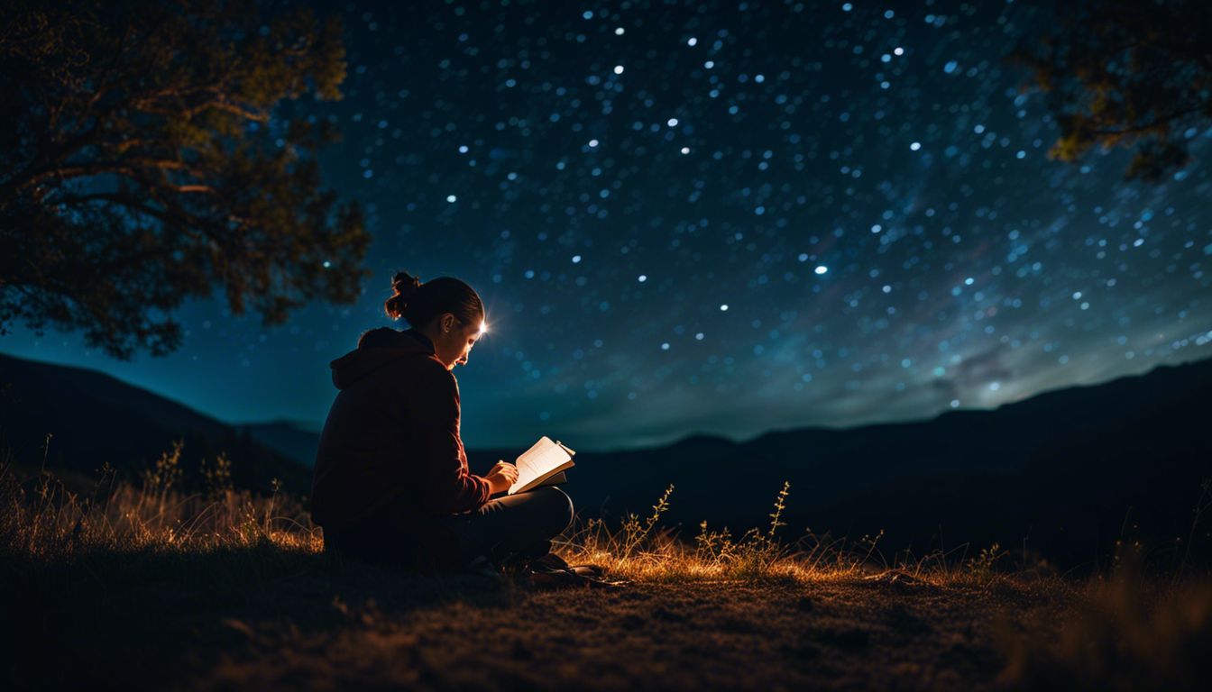 A person writing in a journal under a star-filled sky.