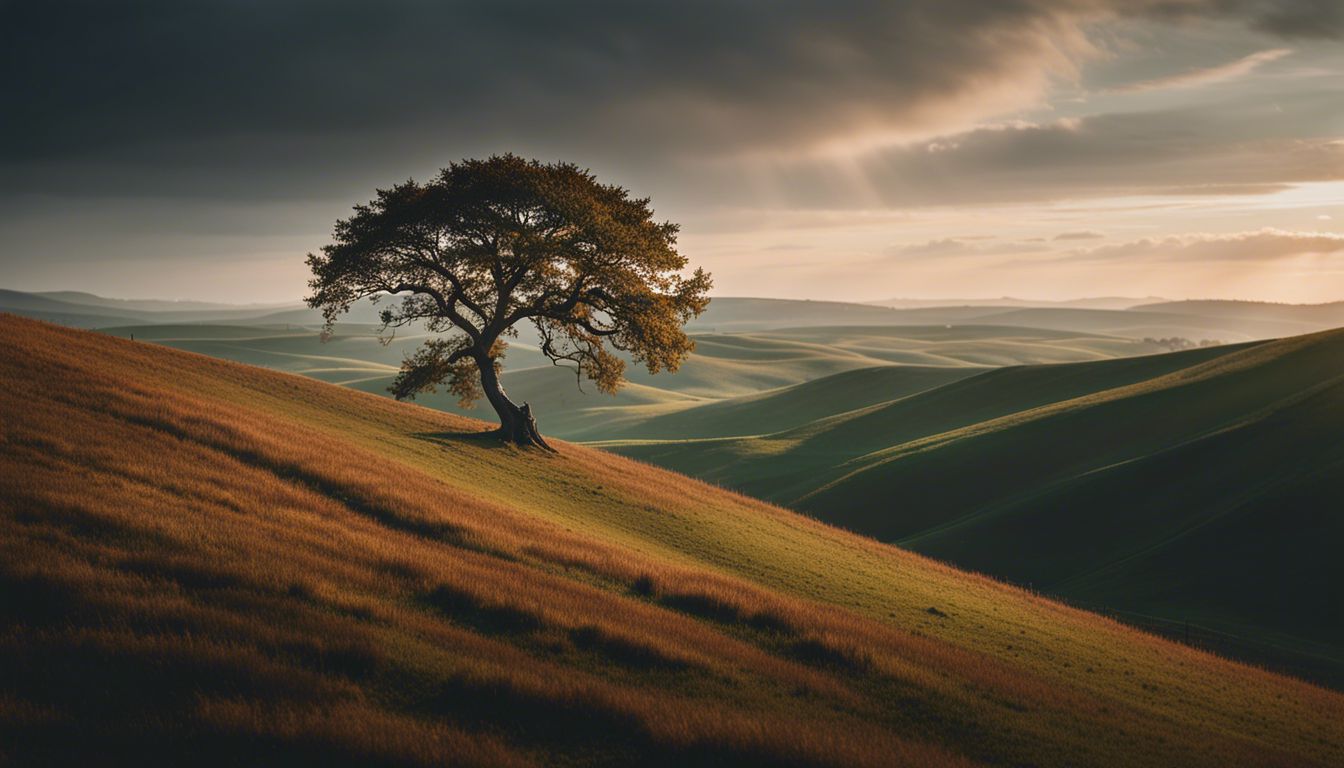 A solitary tree stands on a hillside, surrounded by vast landscape.