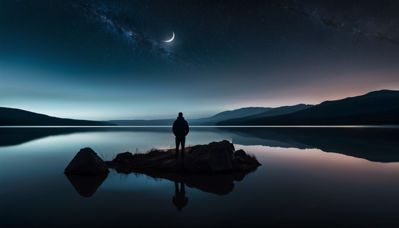 A serene nighttime landscape with a peaceful lake and crescent moon.