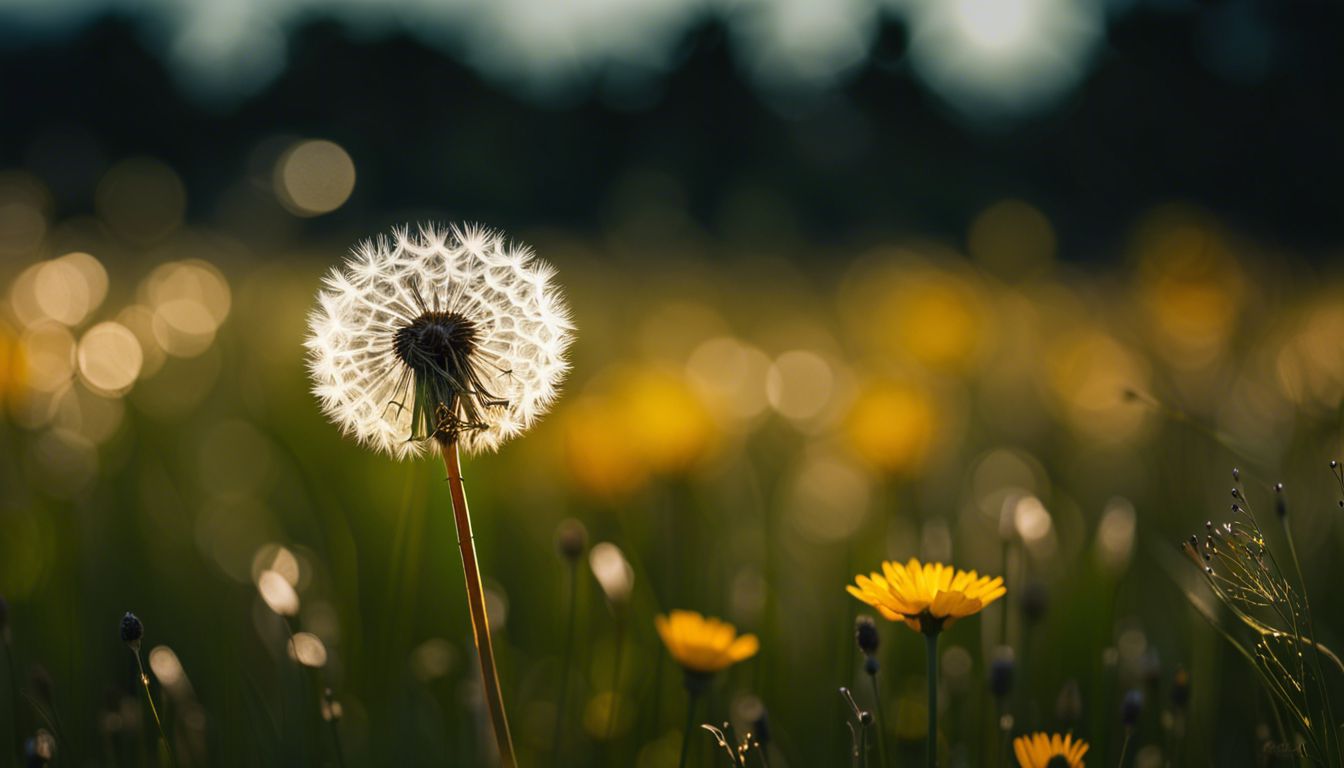 A dandelion blowing in the wind among wildflowers in nature.