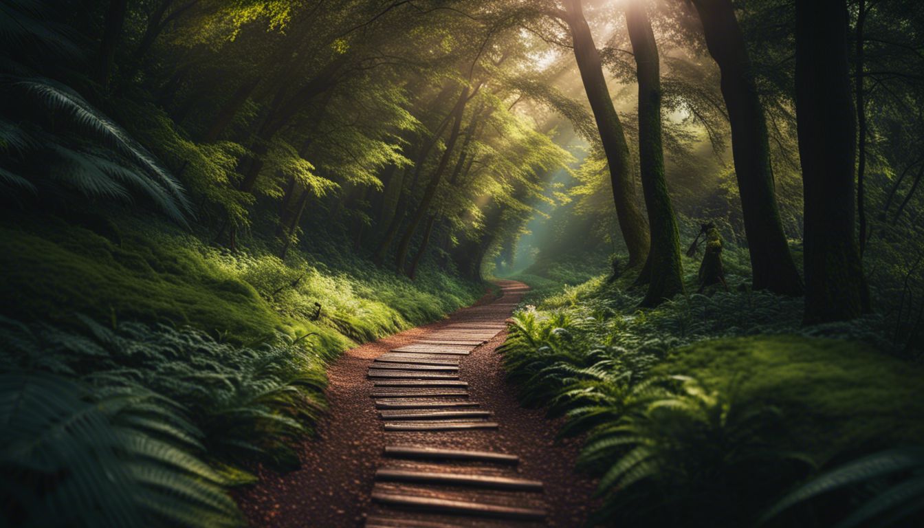A vibrant forest pathway surrounded by lush greenery and nature.