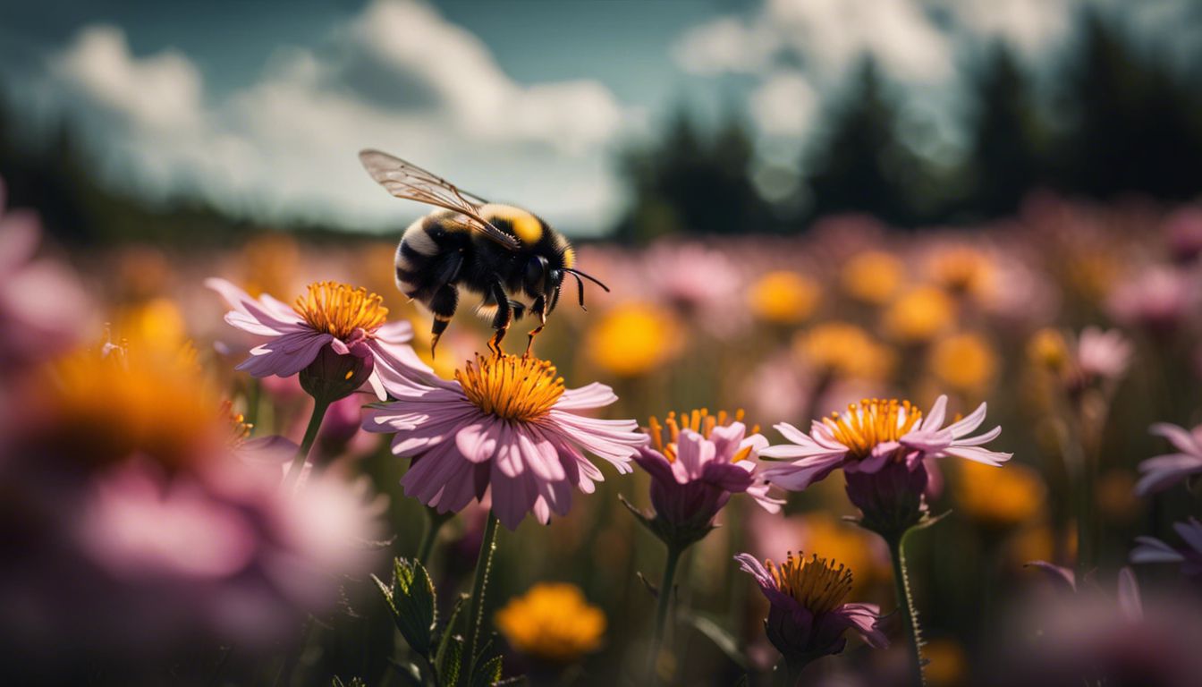 A bumblebee hovers over blooming flowers in a vibrant natural setting.