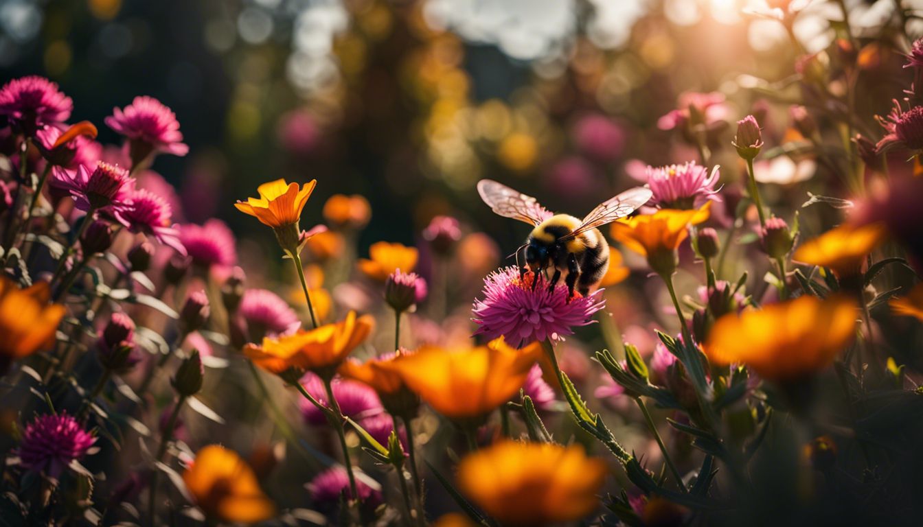 A vibrant photograph of a bumblebee hovering over colorful flowers.
