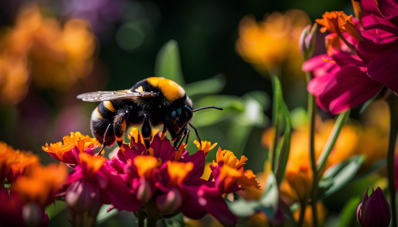 A vibrant flower with a bumblebee in a lush garden.