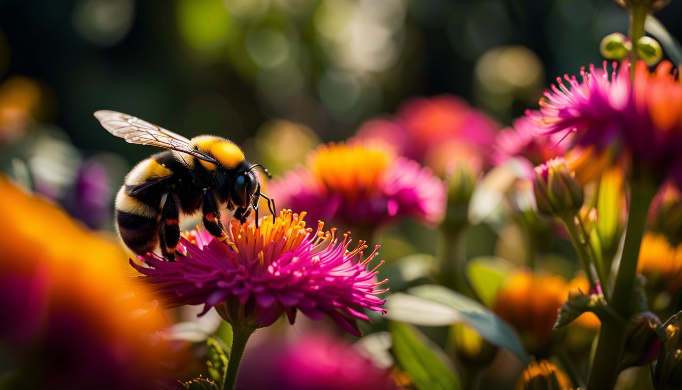 A bumblebee collects nectar from a vibrant flower in a lush garden.