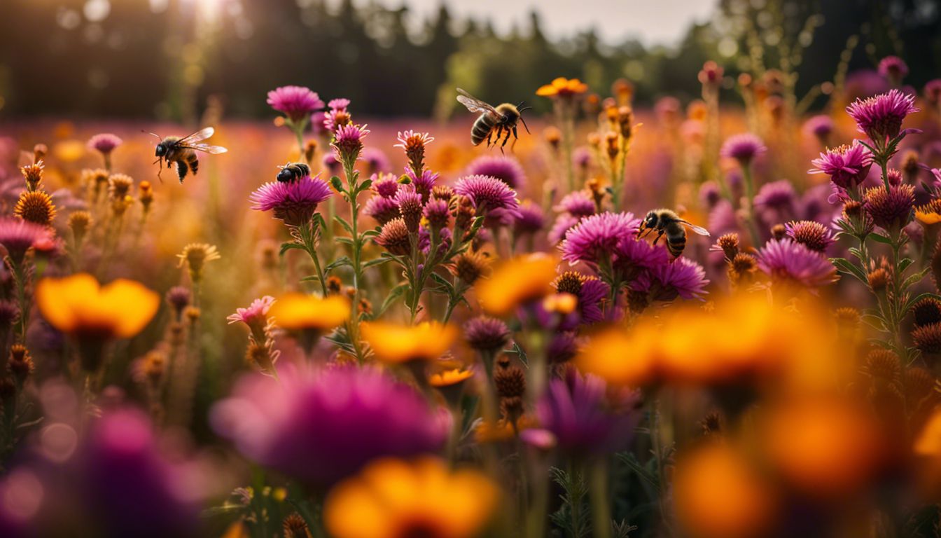Bees buzzing around a vibrant flower field in nature.