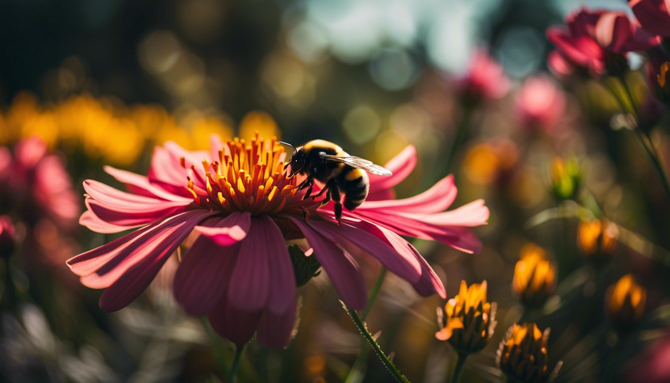 A bumblebee hovers over a flower in a vibrant garden.