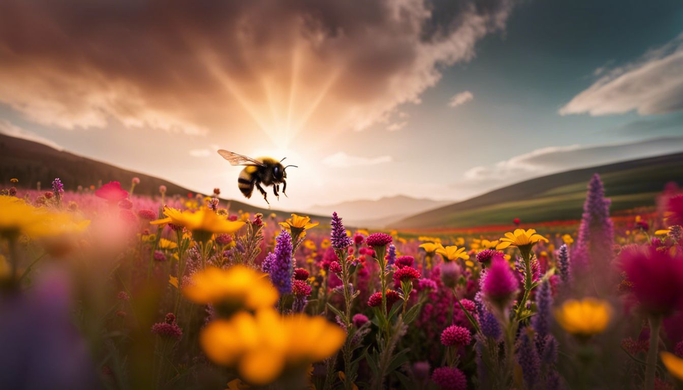 A bumblebee hovers over a colorful field of flowers in nature.