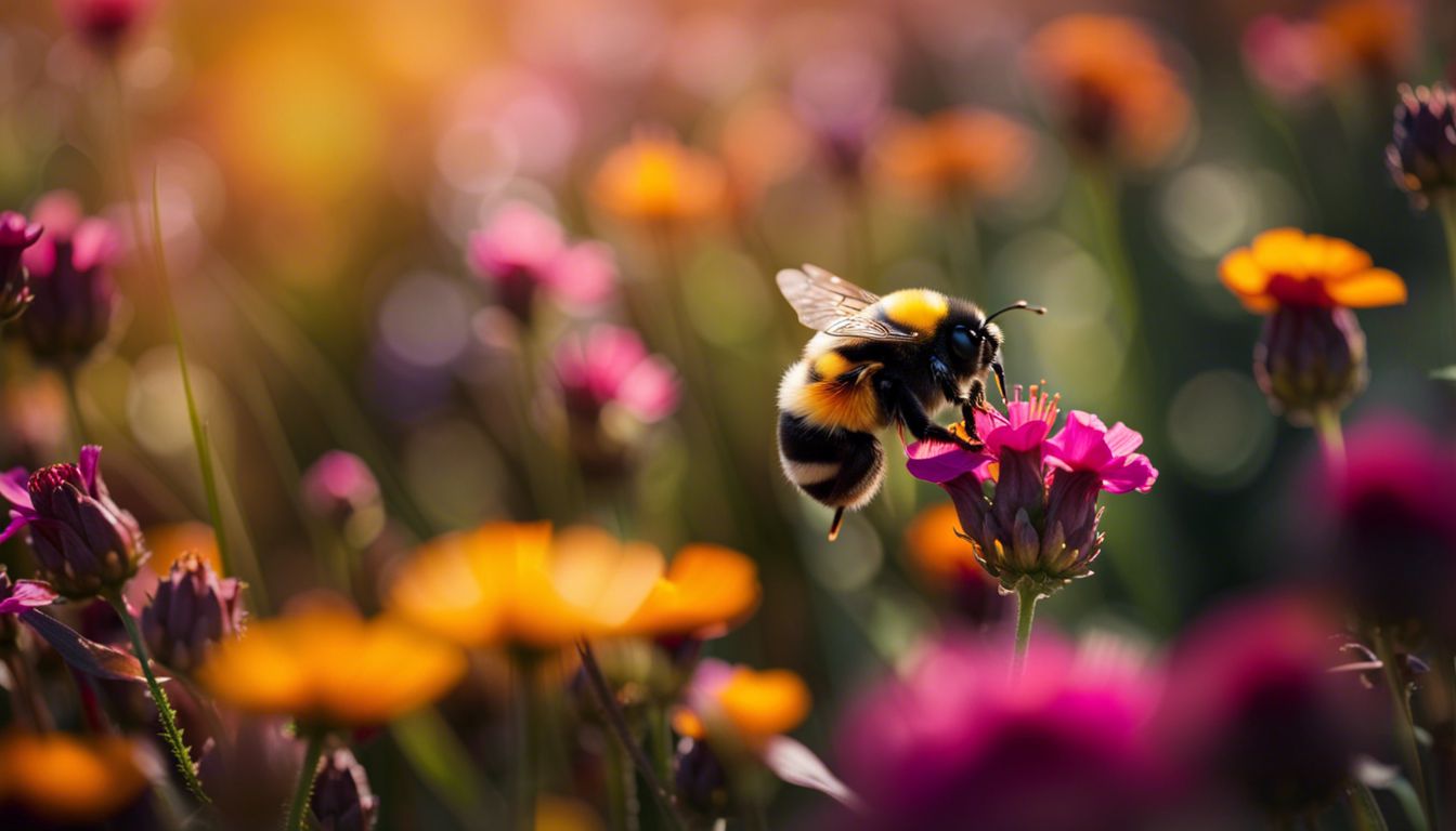 A vibrant field of flowers with a hovering bumblebee.