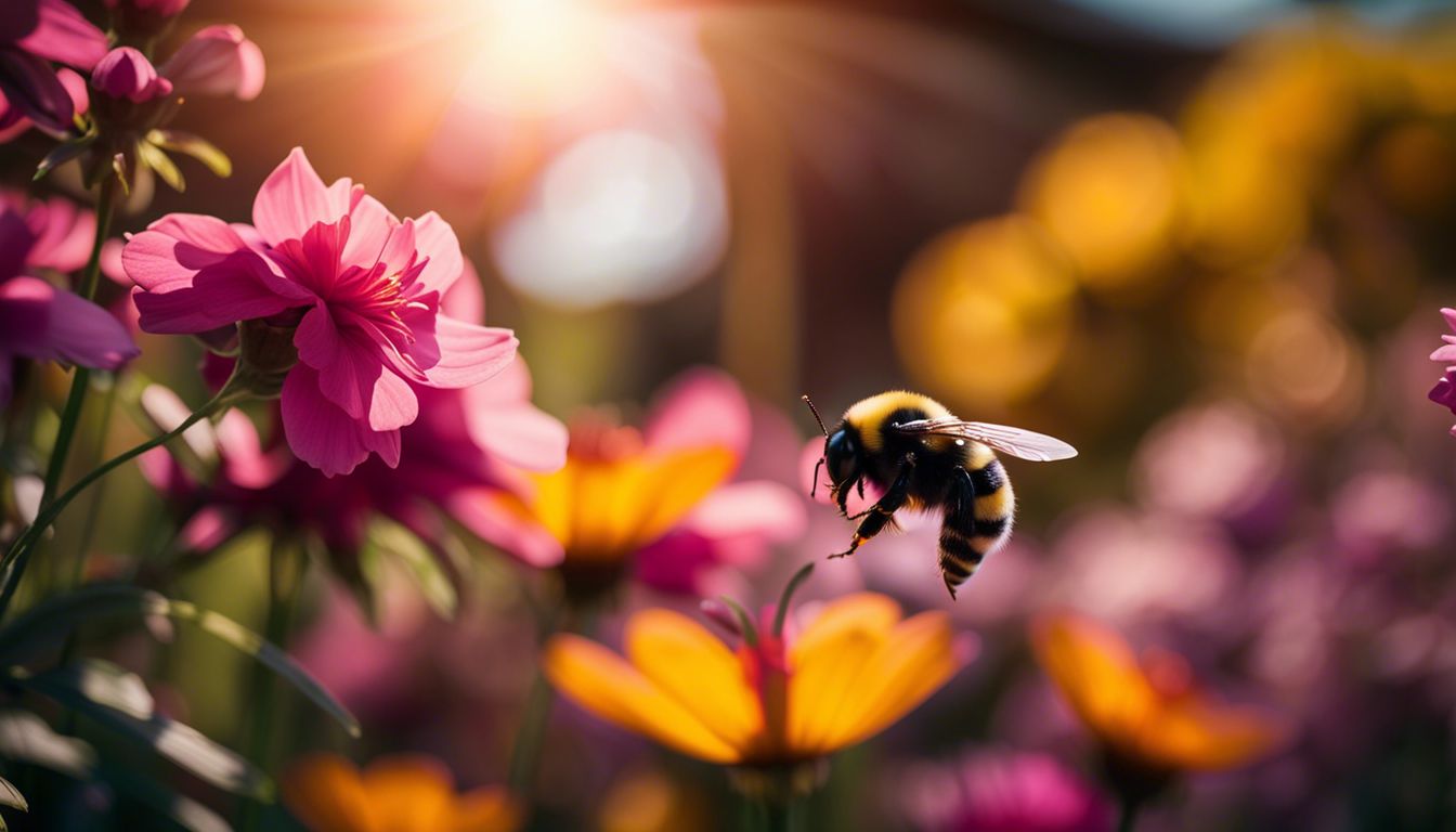 A bumblebee hovers near a flower in a vibrant garden.