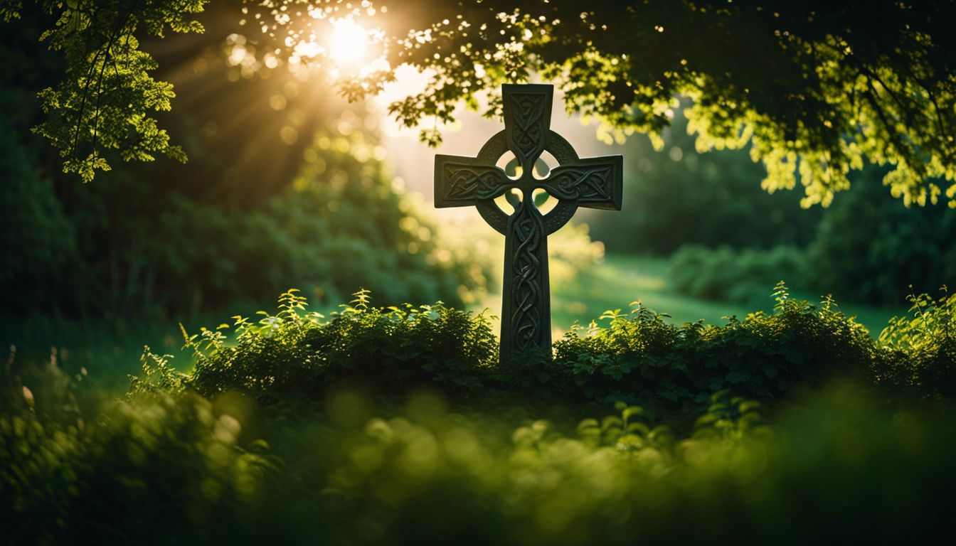 Illuminated Celtic cross in nature surrounded by greenery.