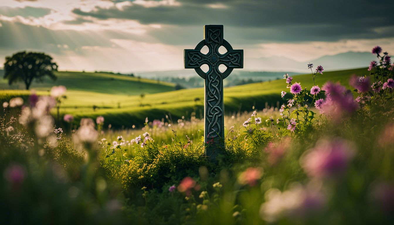 A Celtic cross in a green field surrounded by wildflowers.