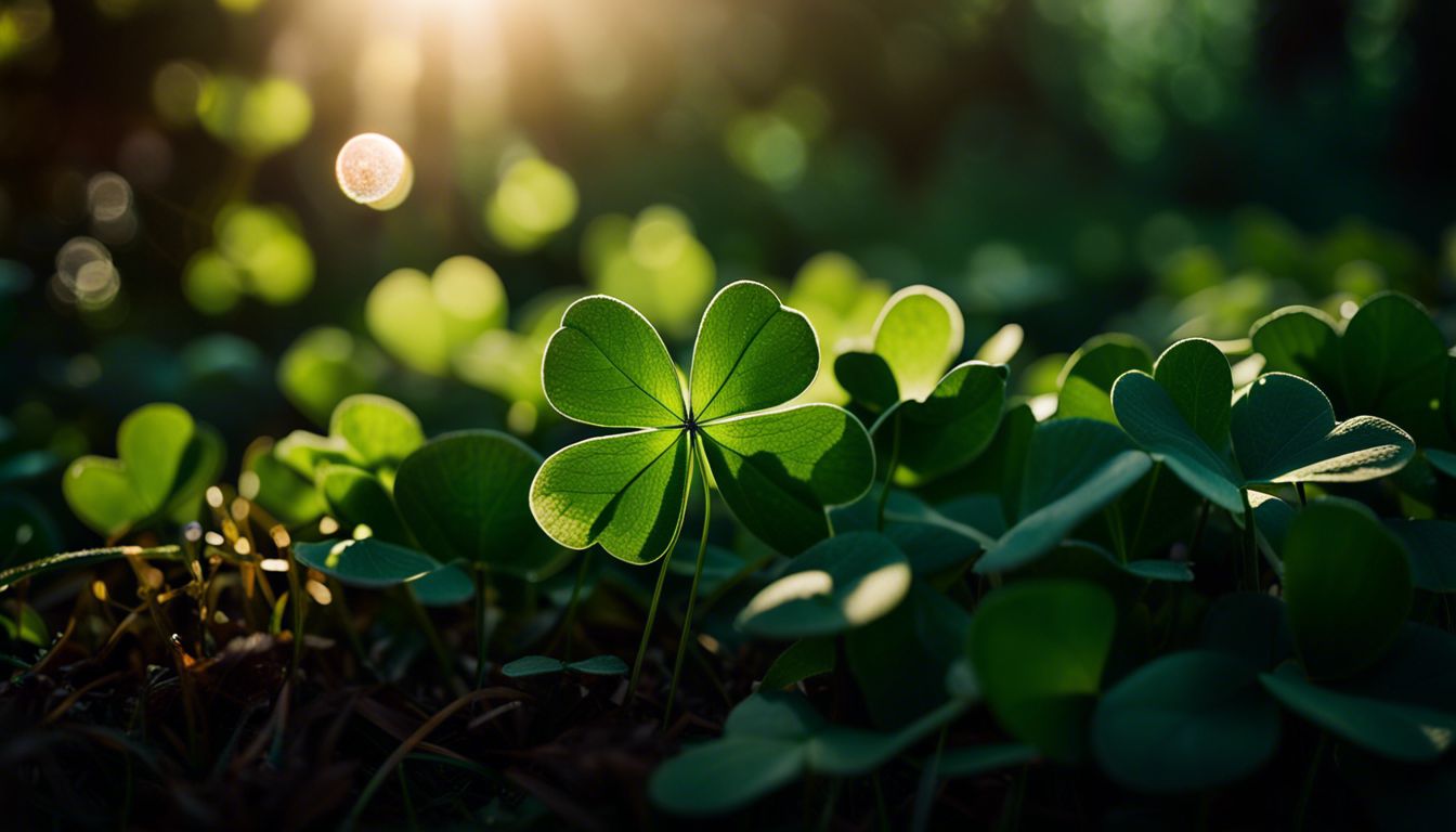 Photograph of shamrock clover leaves illuminated by sunlight in a garden.