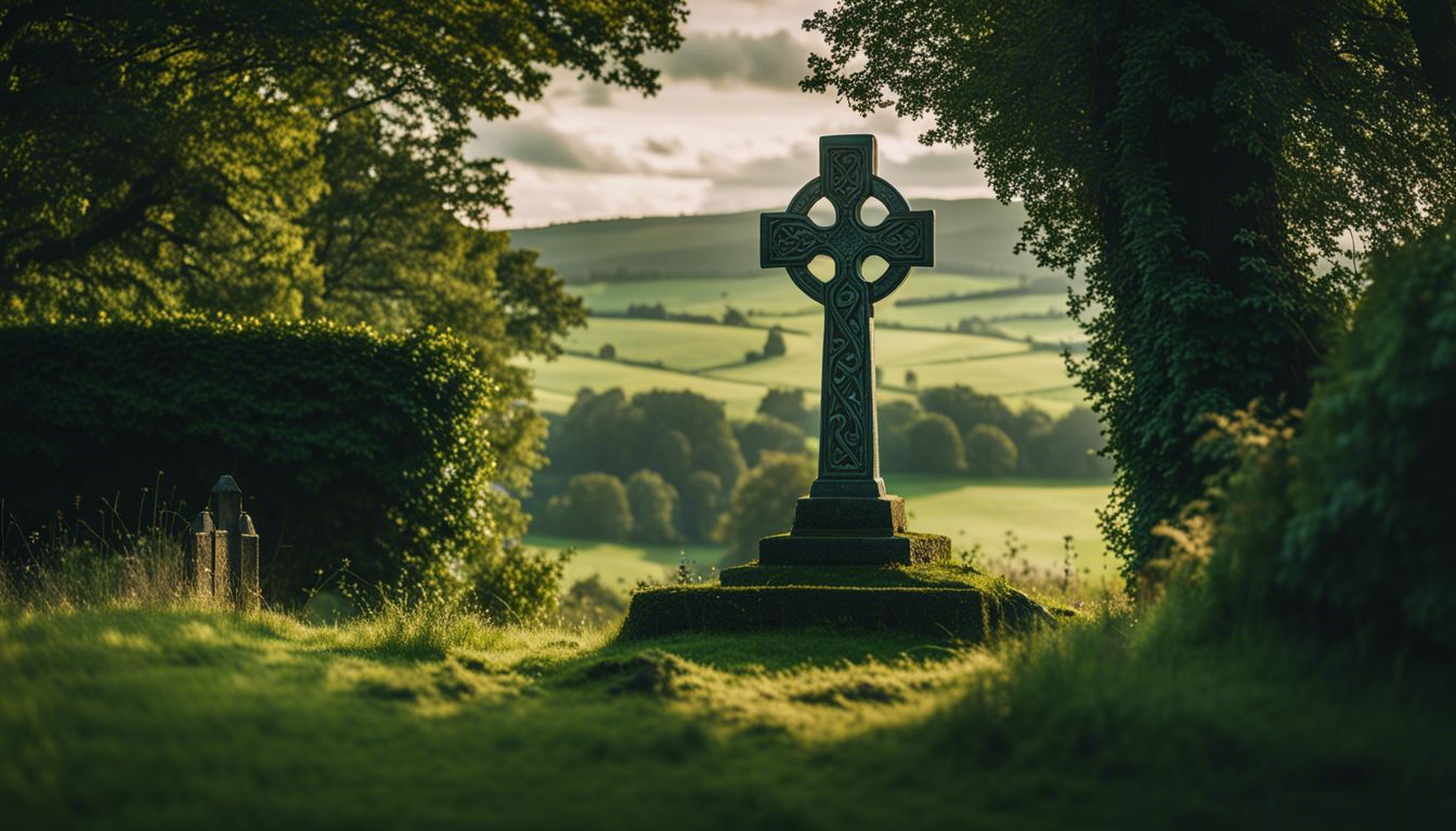An ancient Celtic cross in a lush green landscape.