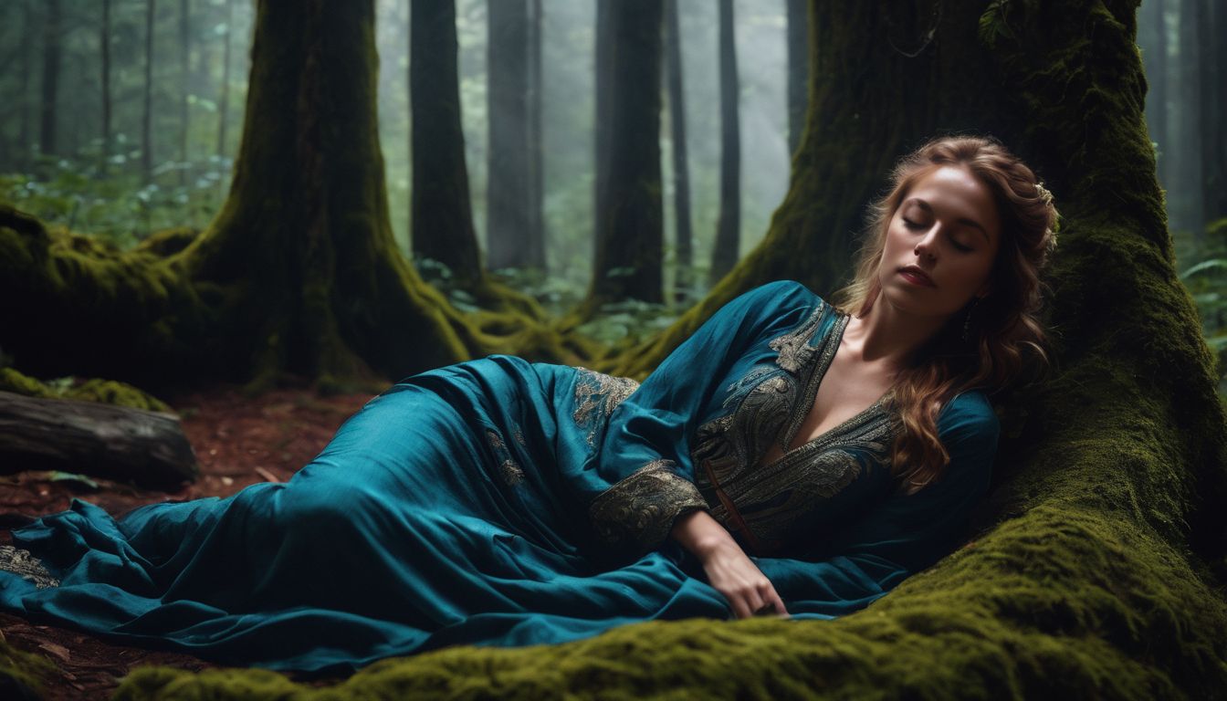 A person peacefully sleeping in a mystical moonlit forest surrounded by nature.
