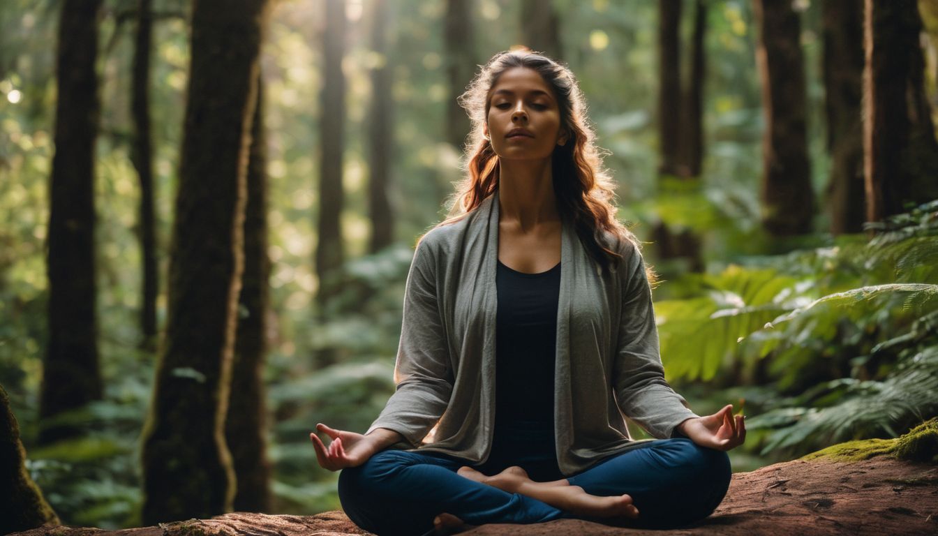A person meditating in a lush forest with different backgrounds.
