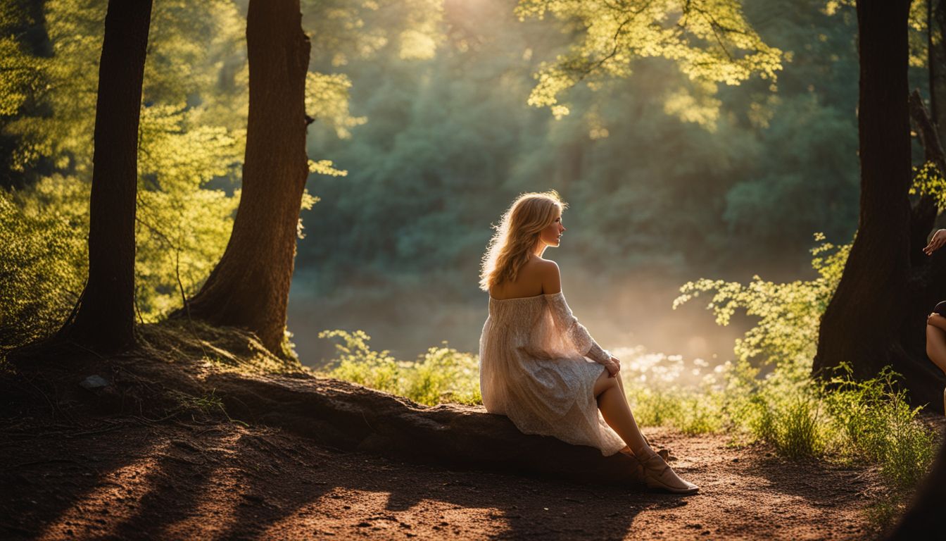 A woman enjoying solitude in a peaceful forest surrounded by nature.
