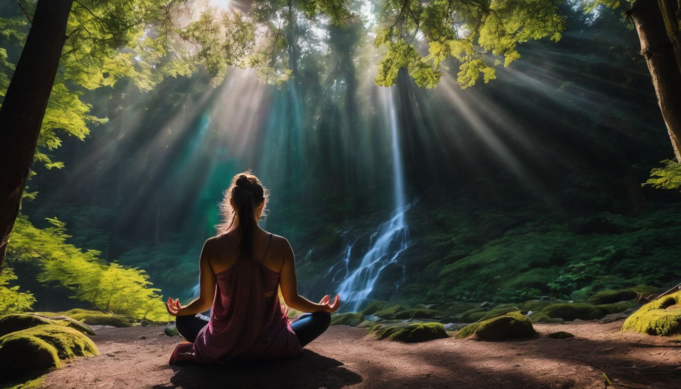 Person meditating in a serene forest surrounded by rays of light.