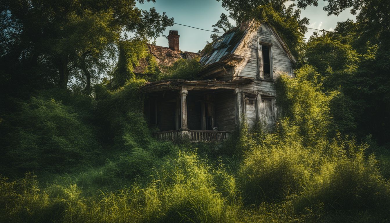 Abandoned old house with overgrown weeds, varied people, and photorealistic quality.