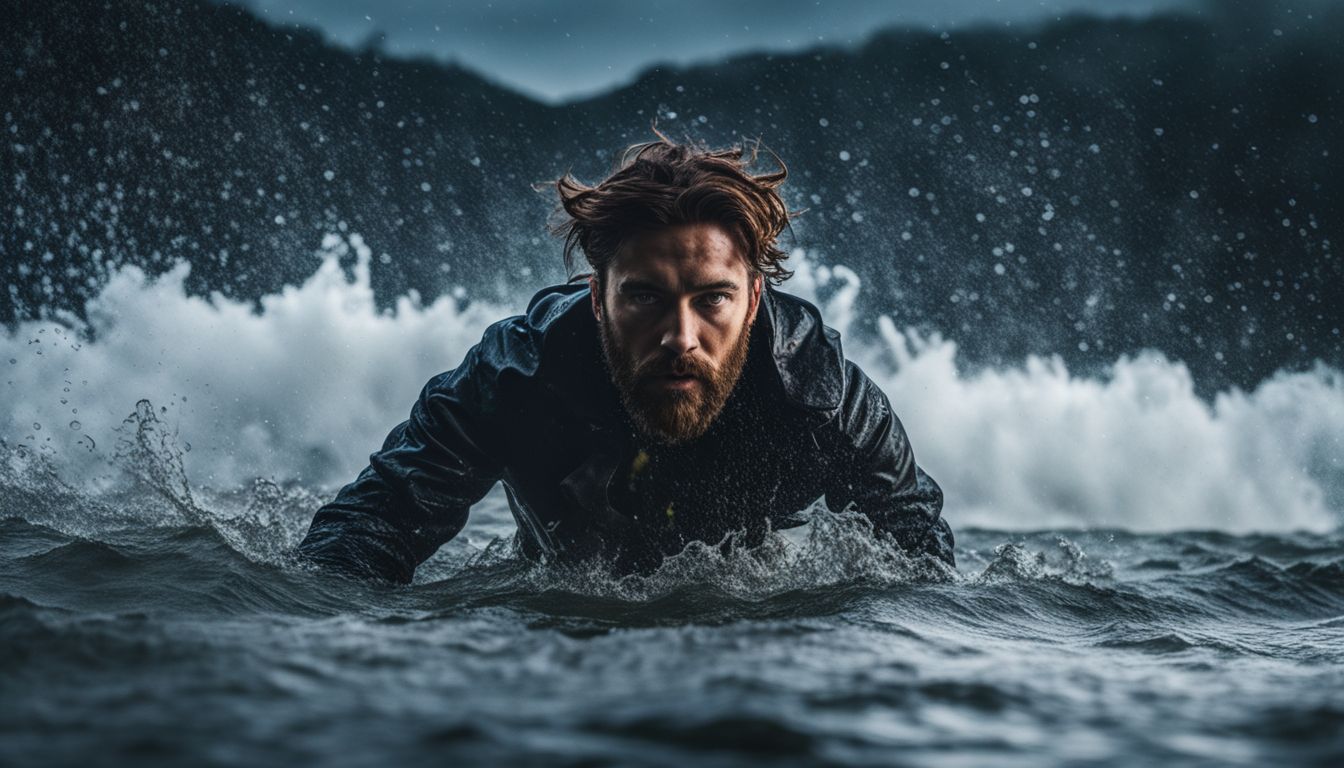 A person underwater in a storm with various faces and outfits.