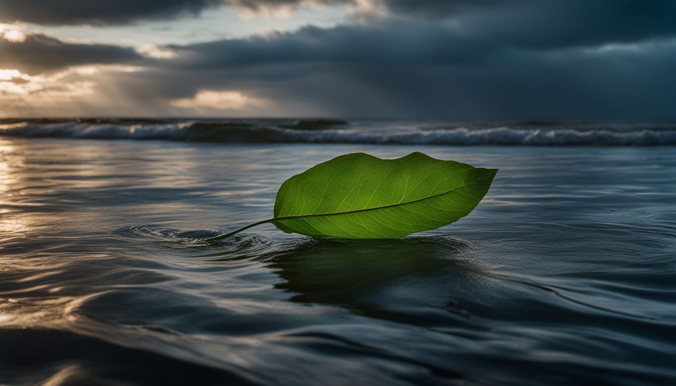 A single green leaf floats on a stormy ocean.