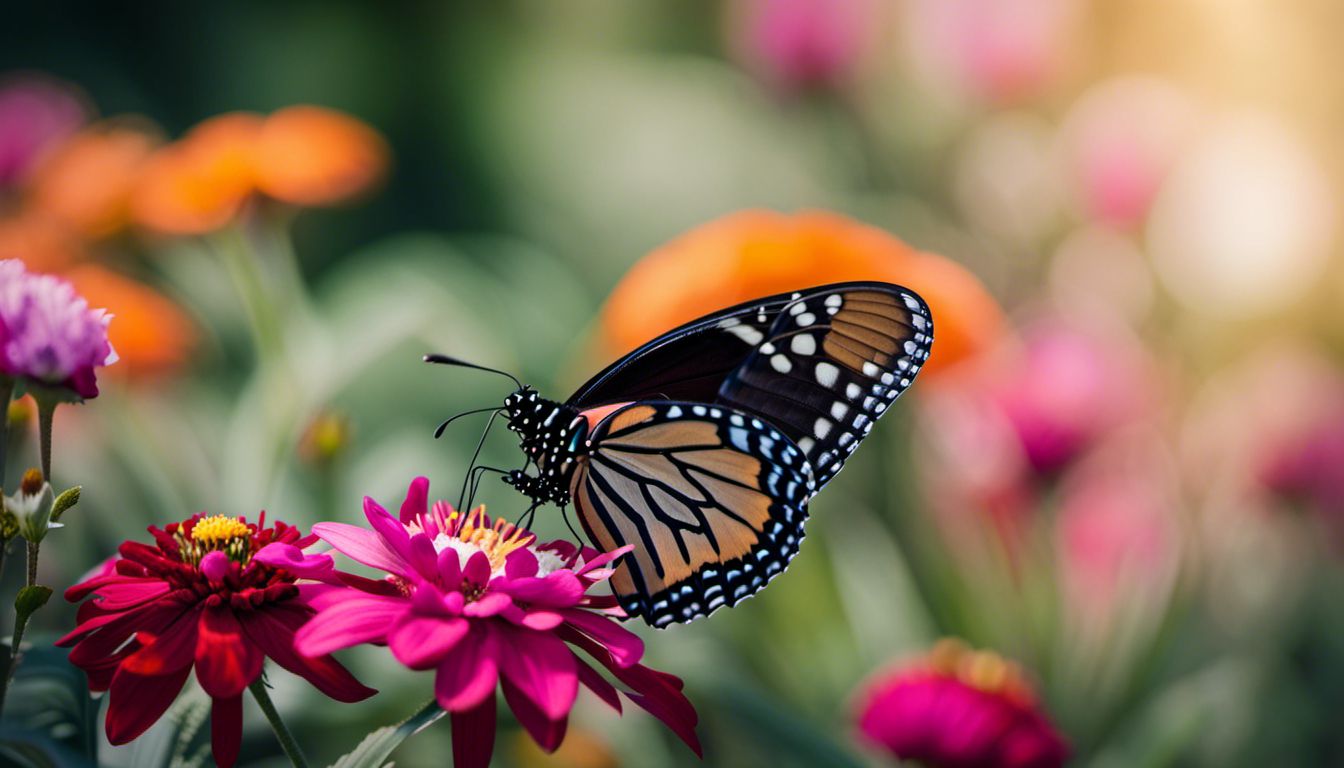 A black monarch butterfly perched on a vibrant flower.
