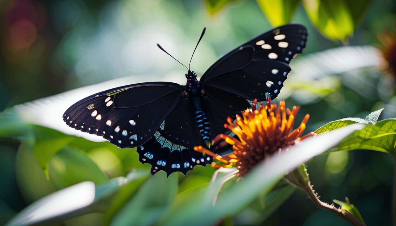 A black butterfly emerging from a cocoon in a vibrant garden.