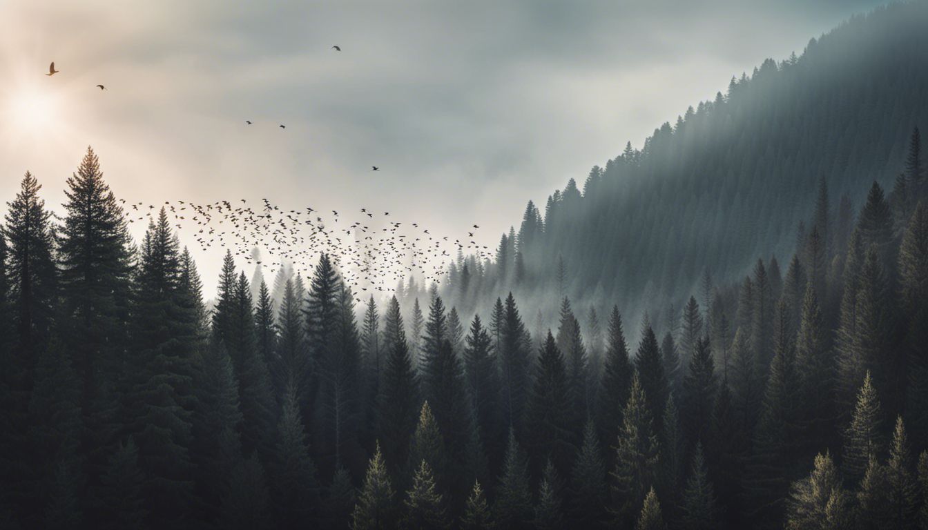 A flock of black birds soaring above a mysterious forest.