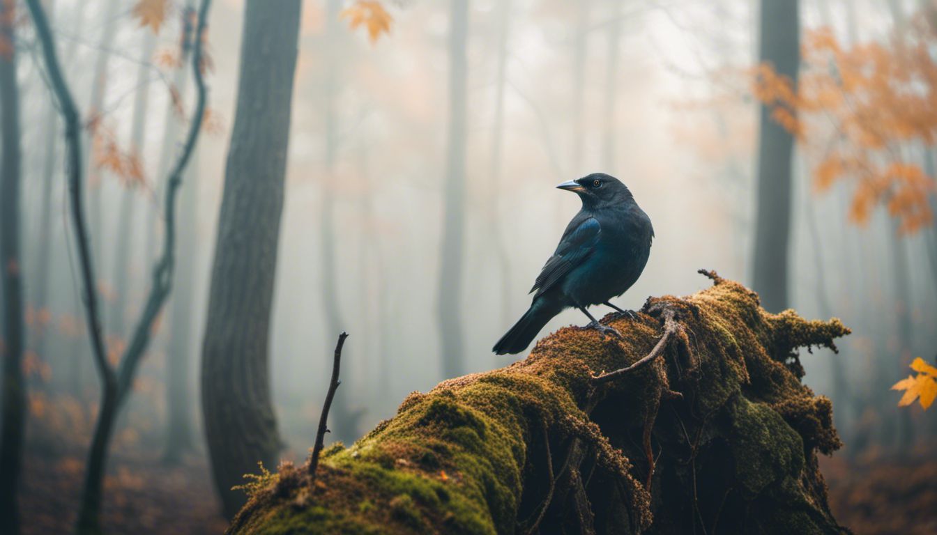 A solitary blackbird perched on a gnarled branch in a foggy forest.