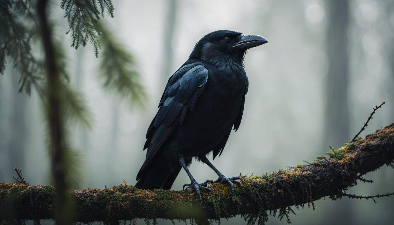 A blackbird in a forest with diverse people and wildlife.