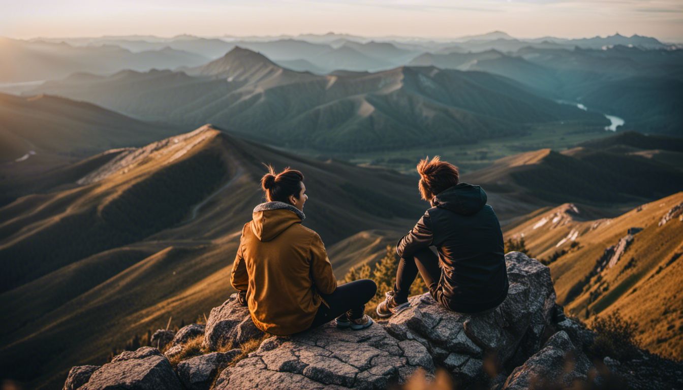 Person on mountain peak, looking at vast landscape, with different faces.