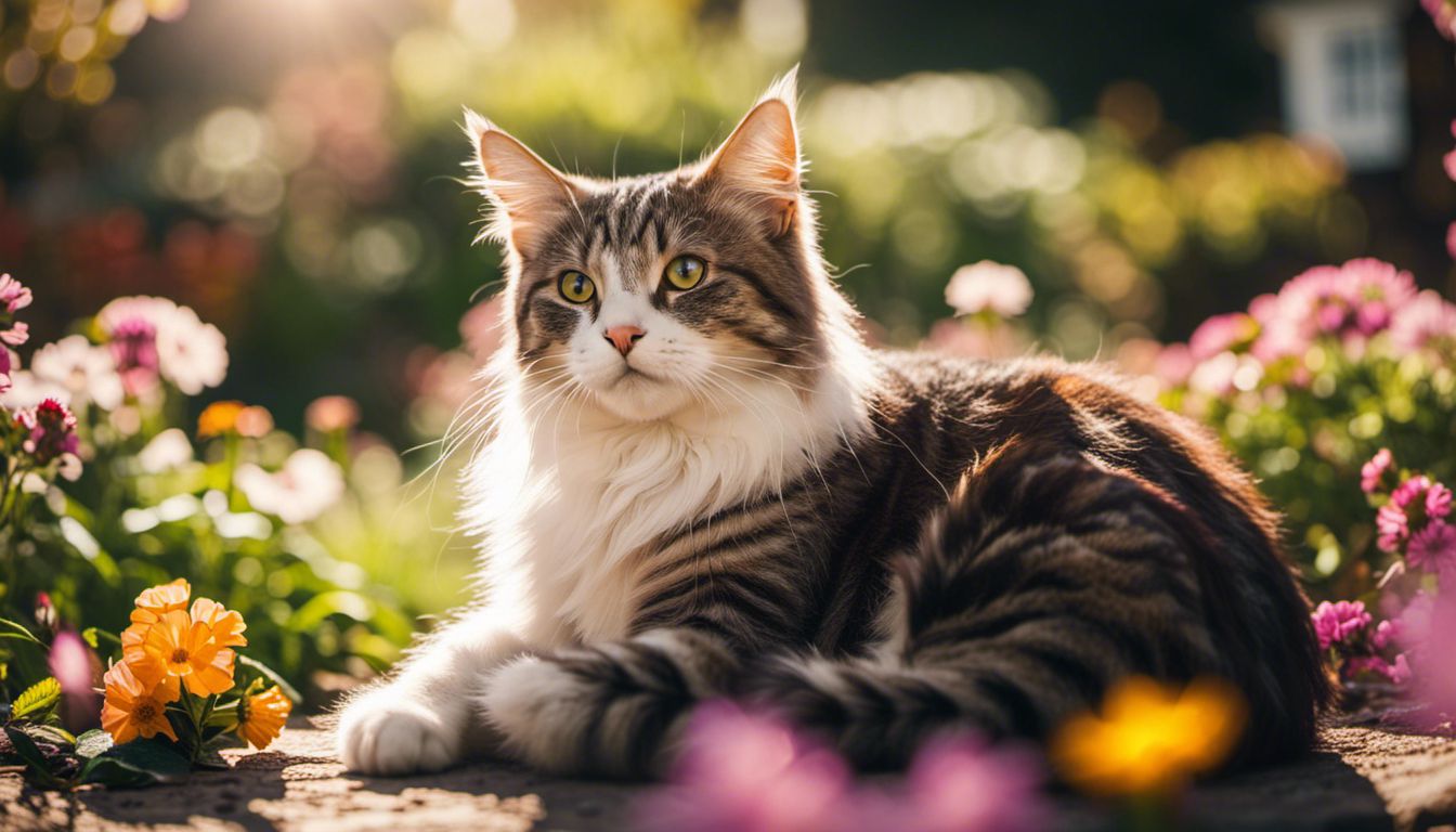 Stray cat peacefully sits in a garden surrounded by blooming flowers.