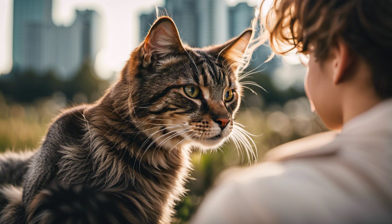 A stray cat and a person connect in a bustling outdoor setting.