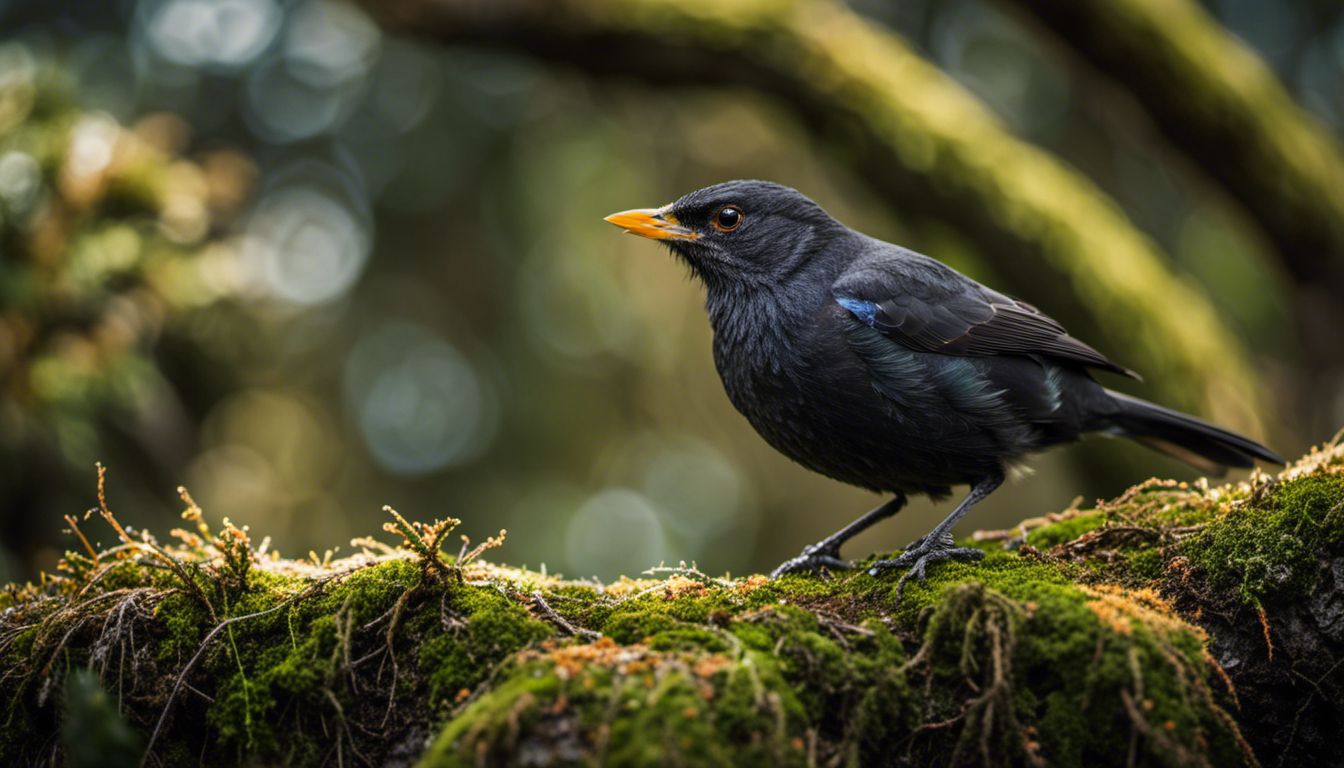 Photography of a blackbird perched on a moss-covered tree branch.