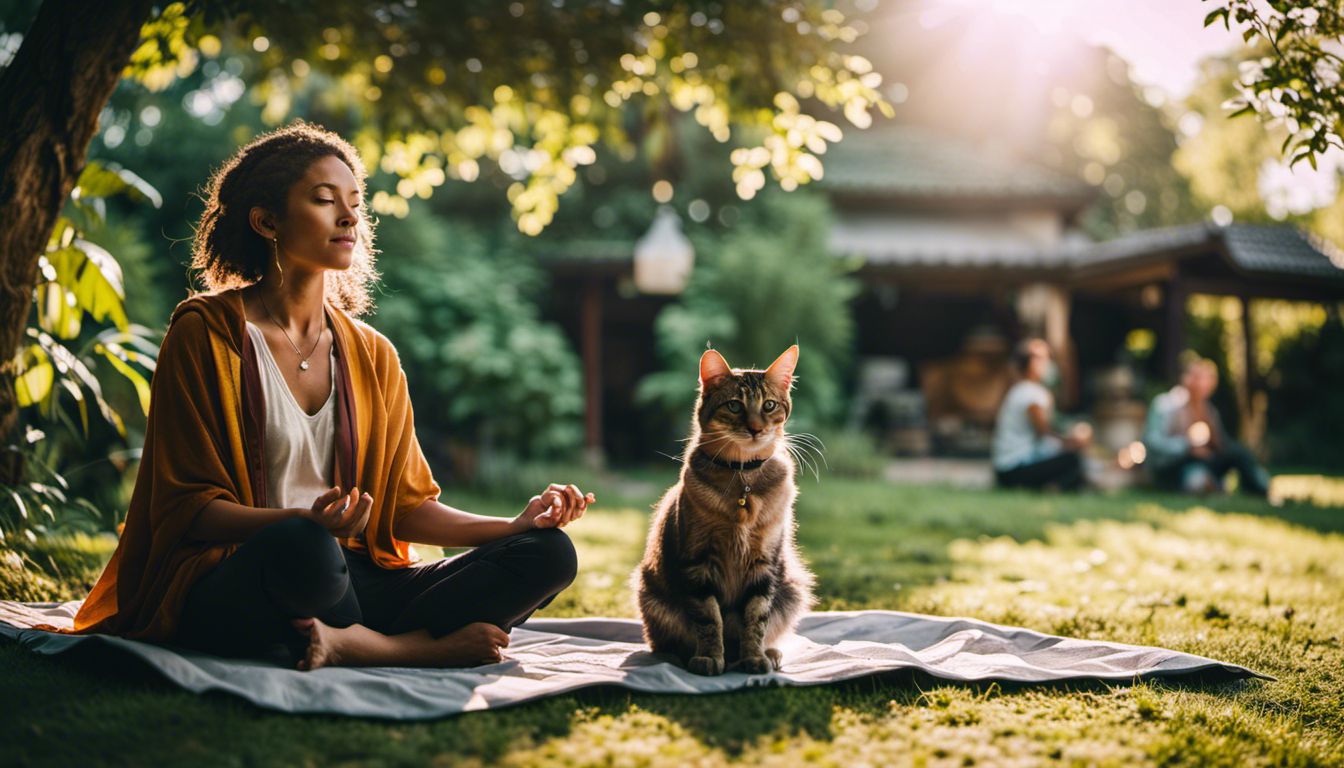 Stray cat meditating with person in peaceful garden. Diverse styles and settings.