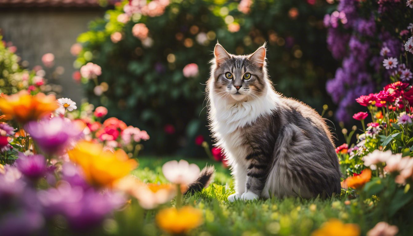 A stray cat in a garden surrounded by colorful flowers.