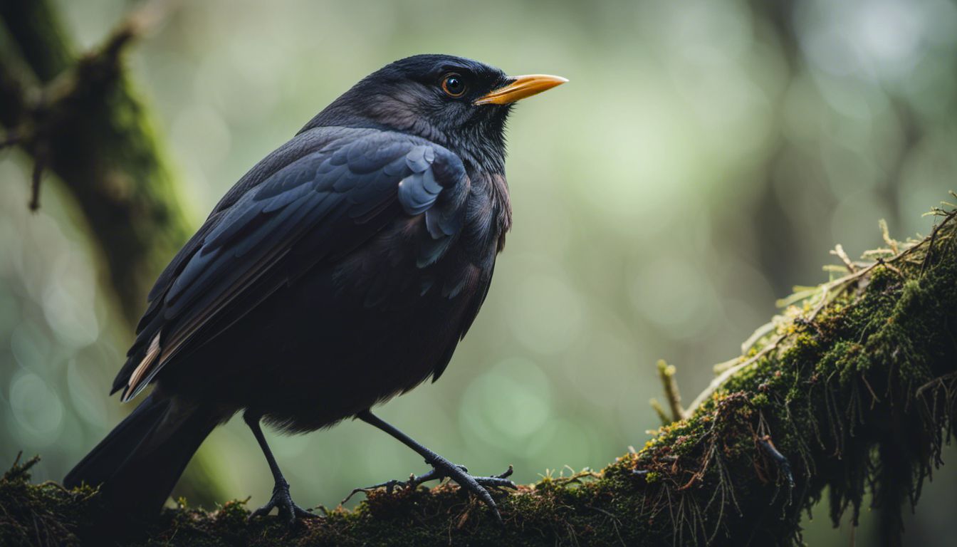 Photograph of a blackbird in a mystical forest with diverse people.