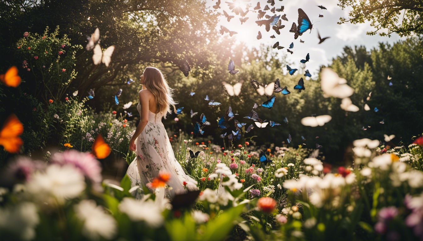 Person releasing black butterflies into a garden filled with flowers.
