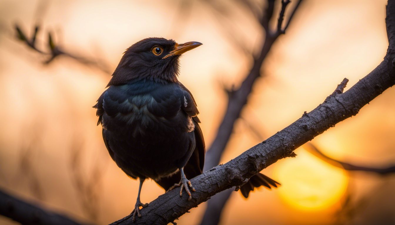 Photograph of a blackbird with a golden sunset backdrop.