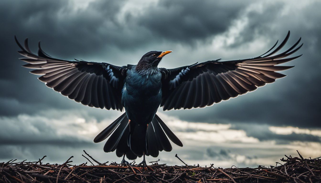 Photograph of a majestic blackbird spreading its wings against a stormy sky.