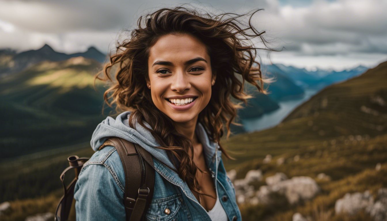 A confident woman standing on a mountain in various outfits and hairstyles.