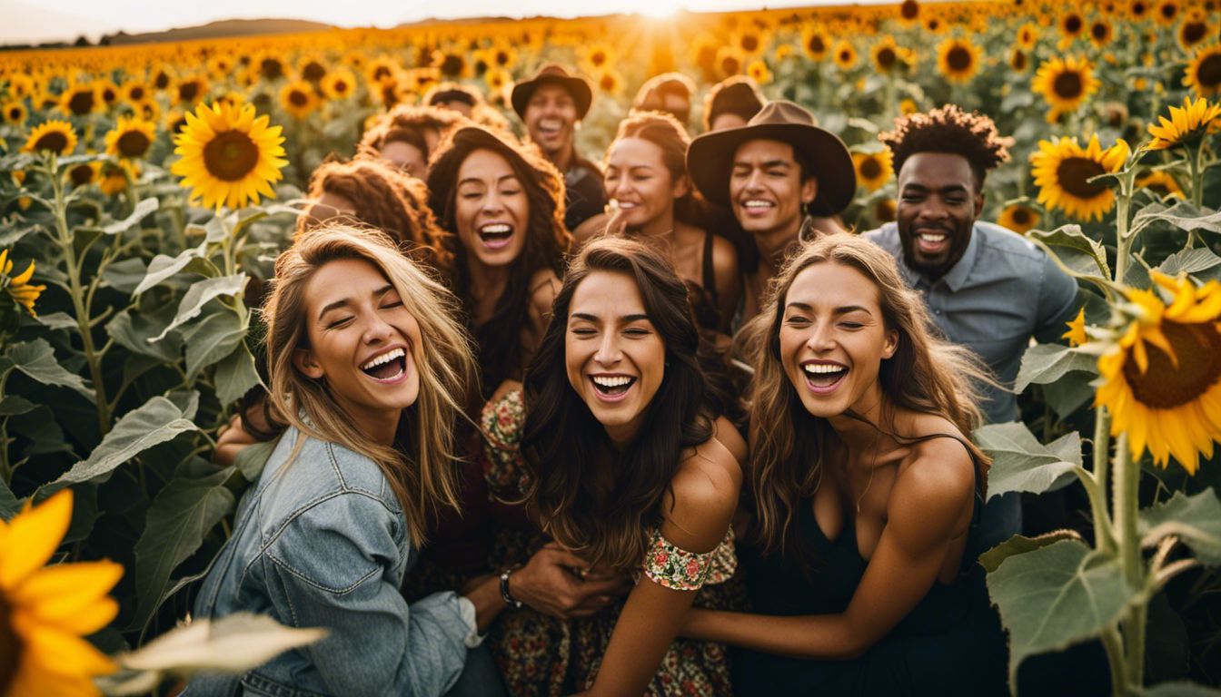 Group of friends laughing and embracing in a sunflower field.
