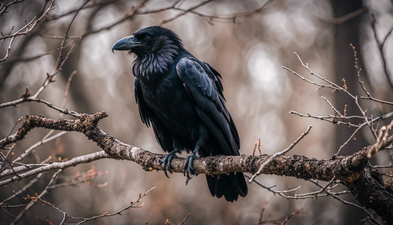 A stunning photograph of a raven perched on a tree branch.