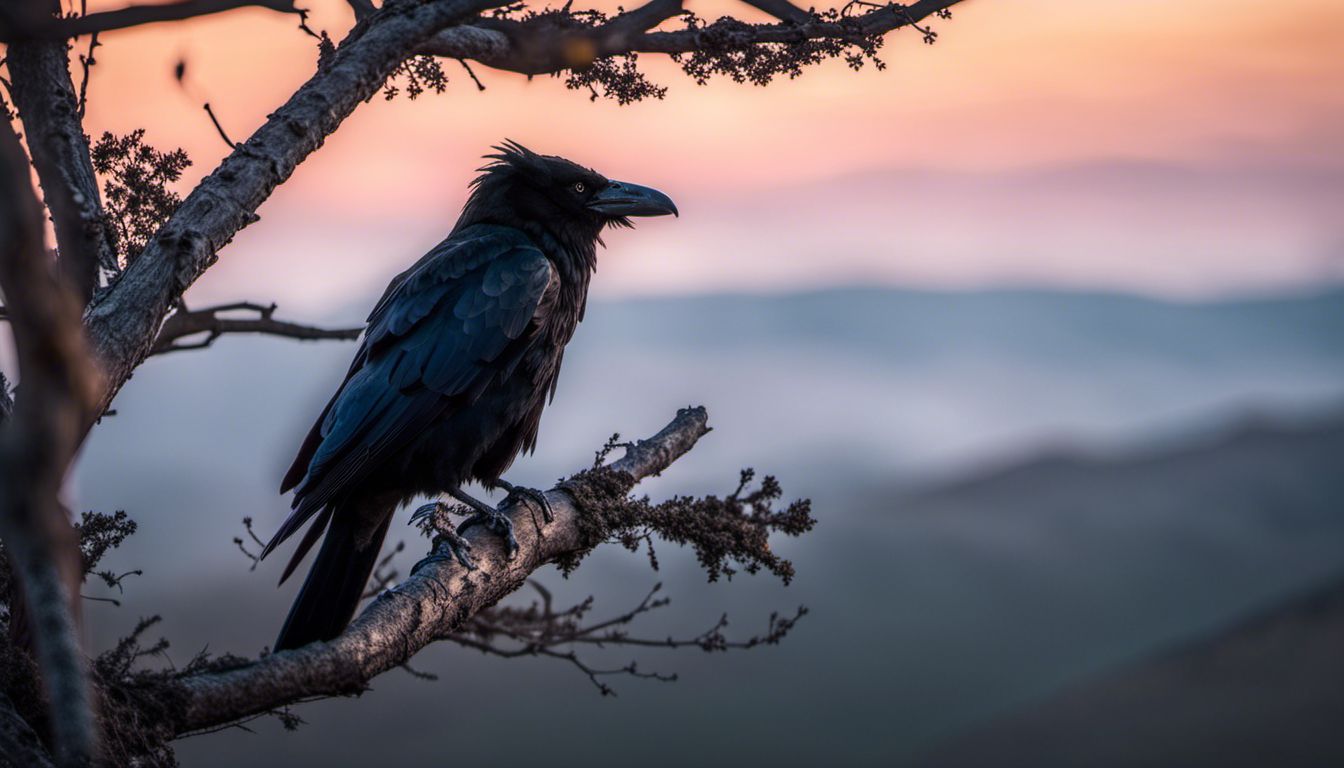 A spooky tree branch with a lone raven perched at dusk.